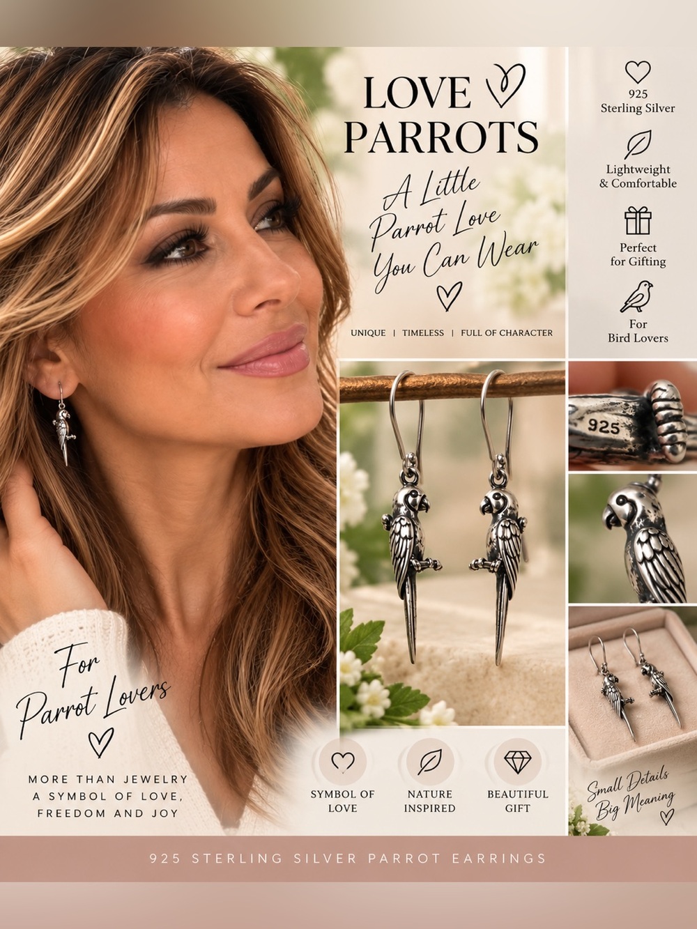 925 Sterling Silver Parrot Earrings - Silver Parrot Dangle Jewelry